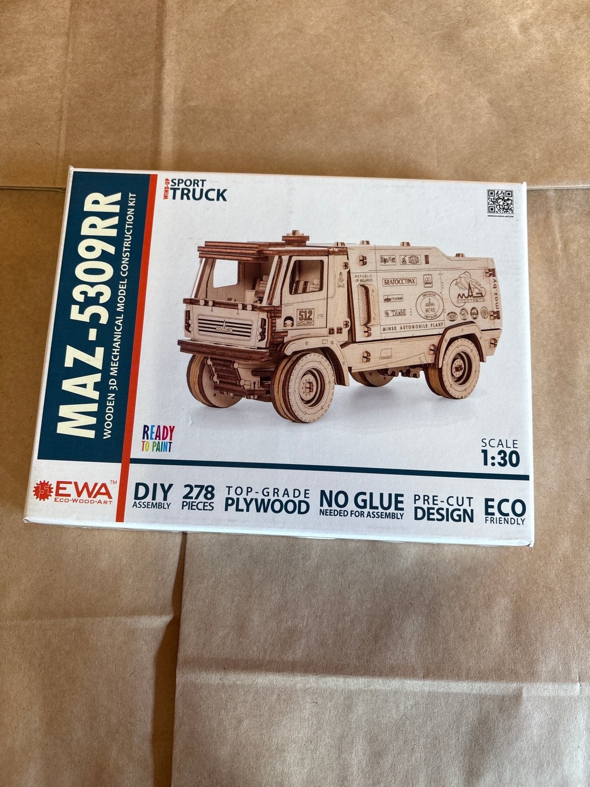 EWA Houten 3D Modelbouwkit MAZ-5309RR Sport Truck, Overige merken, 1:32 tot 1:50, Nieuw, Ophalen of Verzenden