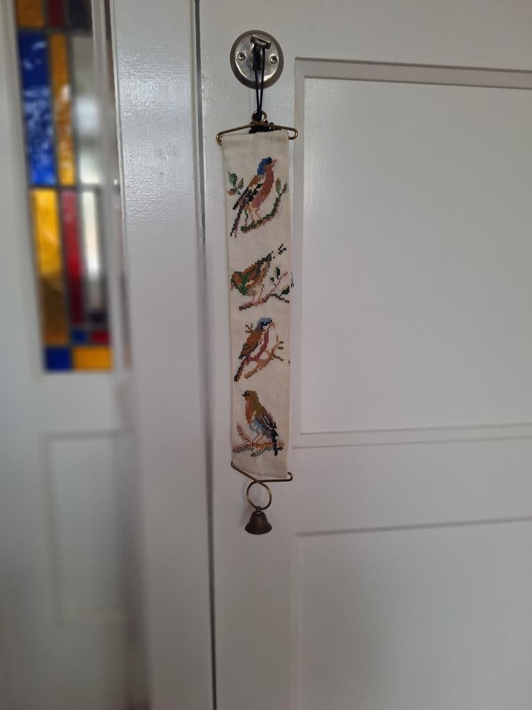 Vintage schellekoord met vogels en messing bel, borduurwerk, Ophalen of Verzenden