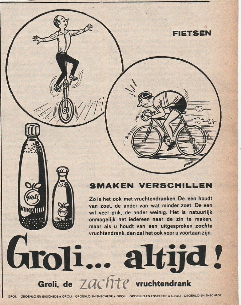 retro reclame 1960 Groli frisdrank voor wielrenners, Verzamelen, Retro, Overige typen, Verzenden