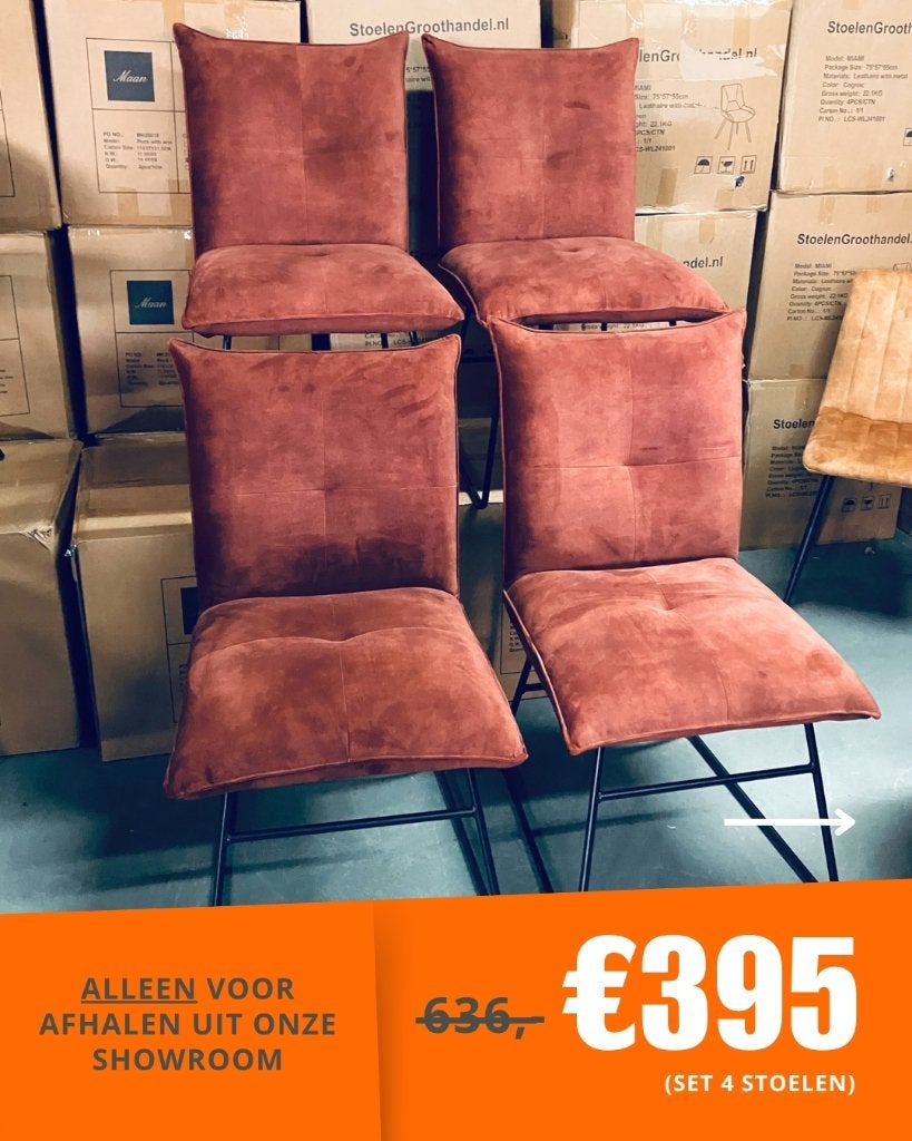Eetkamerstoelen in onze outlet! Op=op, Huis en Inrichting, Ophalen, Overige kleuren, Leer, Nieuw