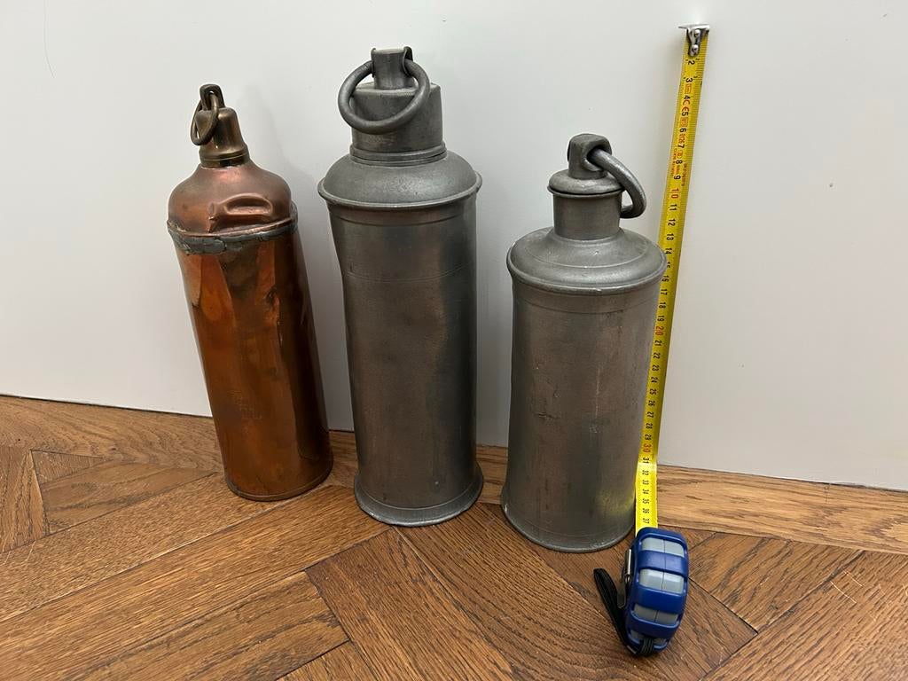 Set van 3 oude veldflessen (tin/koper) – vintage/militair, Antiek en Kunst, Ophalen of Verzenden, Koper