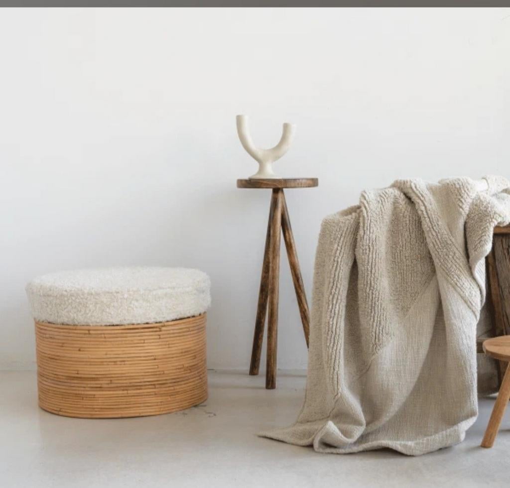 Nieuwe Poef met opbergruimte, rattan en sherpa, wasbare hoes, Ophalen, Minder dan 50 cm, Rond, Nieuw