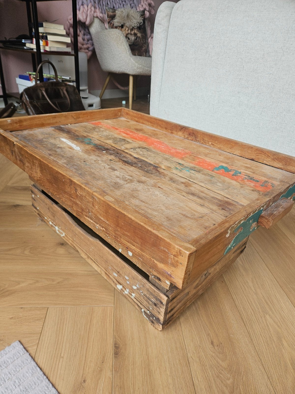 Unieke houten salontafel van authentieke fruit kist, Gebruikt, 50 tot 100 cm, Verzenden, 50 tot 100 cm