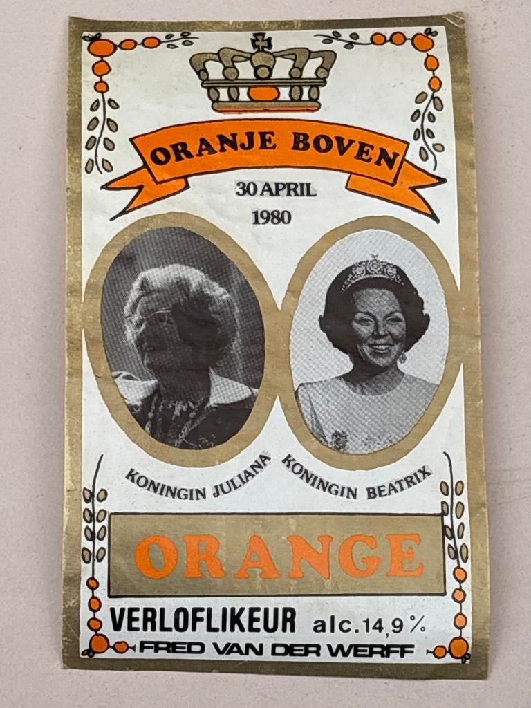 Oranje Boven Verloflikeur etiket 1980 Juliana Beatrix, Ophalen of Verzenden, Gebruikt, Nederland, Overige typen