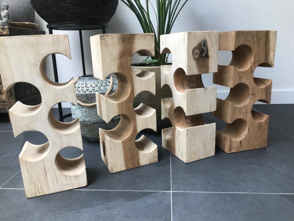 Suar boomstam hout wijnrek voor 5 flessen, Verburgt Vintage, Nieuw, Ophalen of Verzenden, https://verburgtvintage.nl/#contact