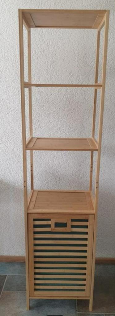 Badkamerkast hoog bamboe met wasmand, Ophalen, (Half)hoge kast, Minder dan 50 cm, Zo goed als nieuw