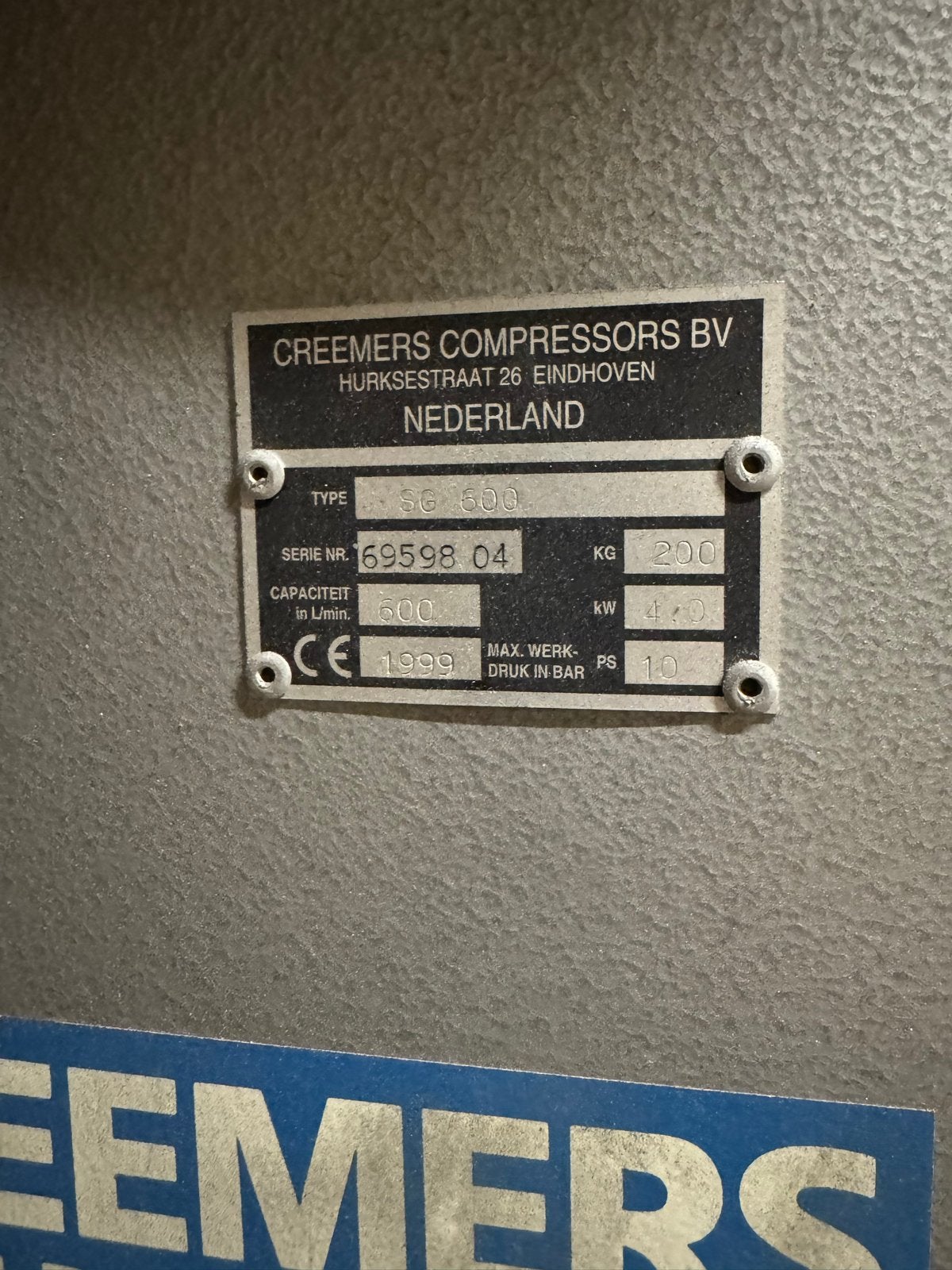 Creemers Compressor SG600 - Onderhoud nodig, Gebruikt, 10 bar of meer, 100 liter of meer, 400 tot 800 liter/min