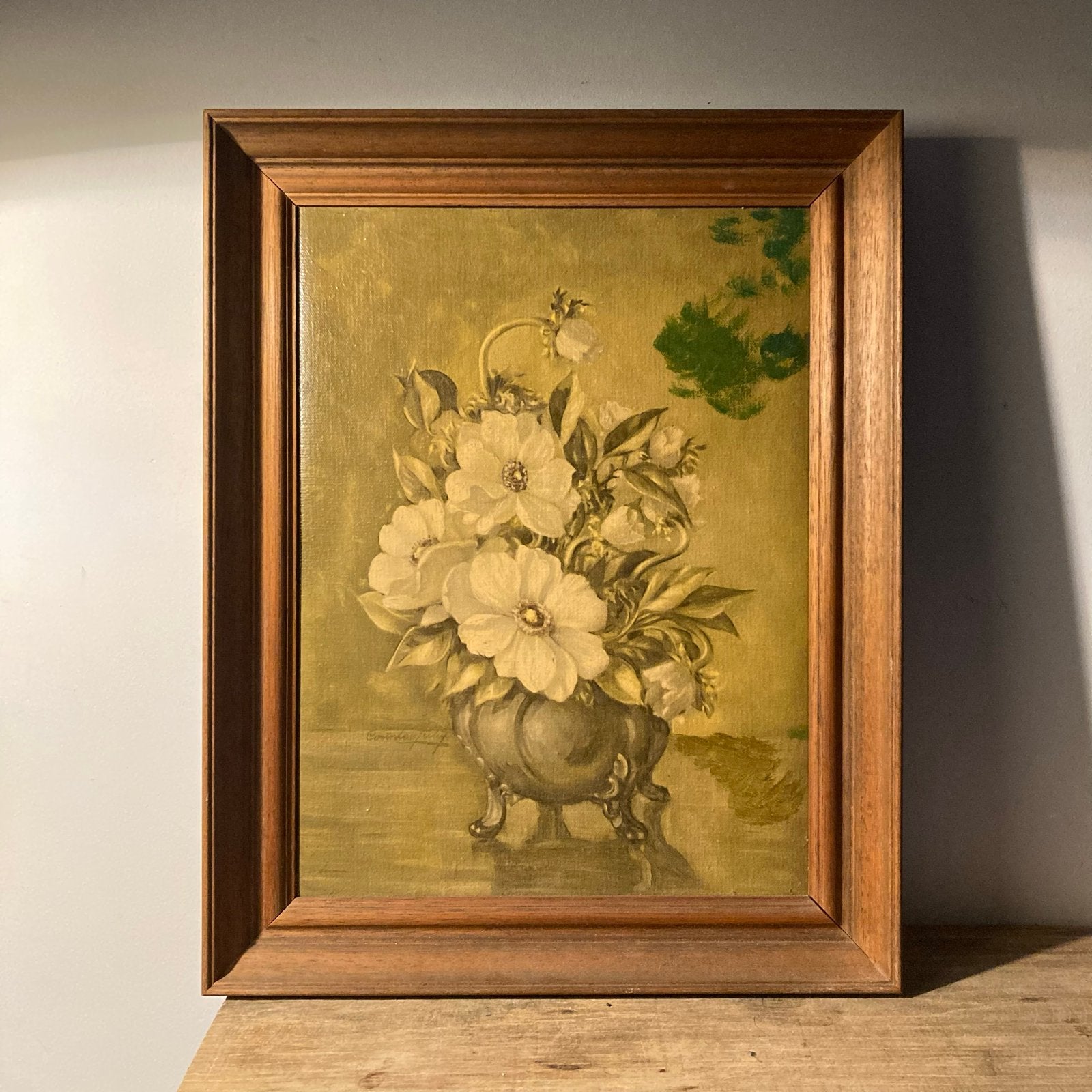 Vintage Bloemstilleven Print in Houten Lijst (Jaren '50-'60), Bloemen, Overige ondergronden, Ophalen of Verzenden, Print