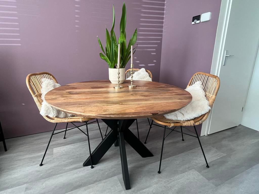 Eettafel mango hout 120cm met sterpoot, Huis en Inrichting, Tafels | Eettafels, Ophalen, 100 tot 150 cm, Rond, Zo goed als nieuw