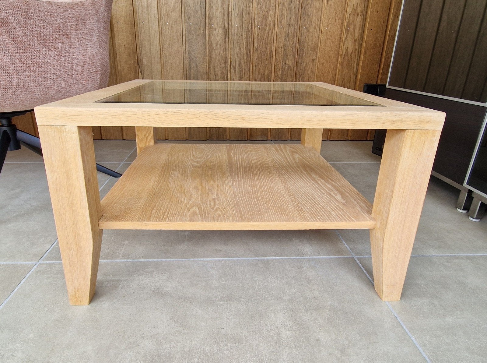 # T.E.A.B. MOOI BLANK EIKEN SALONTAFELTJE MET GLASPLAAT #, Ophalen, 50 tot 100 cm, 50 tot 100 cm, 5 – 50