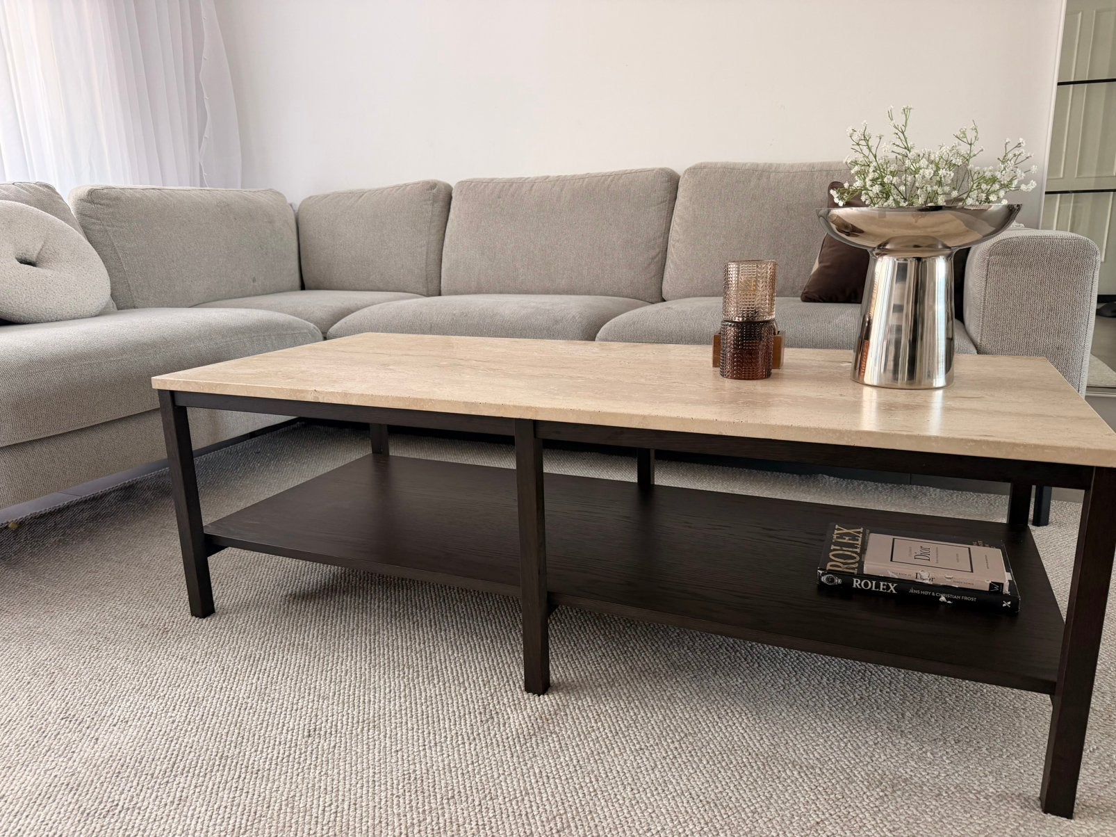 Salontafel met travertin tafelblad westwing, Ophalen, 100 tot 150 cm, Eikenhout, 50 tot 100 cm