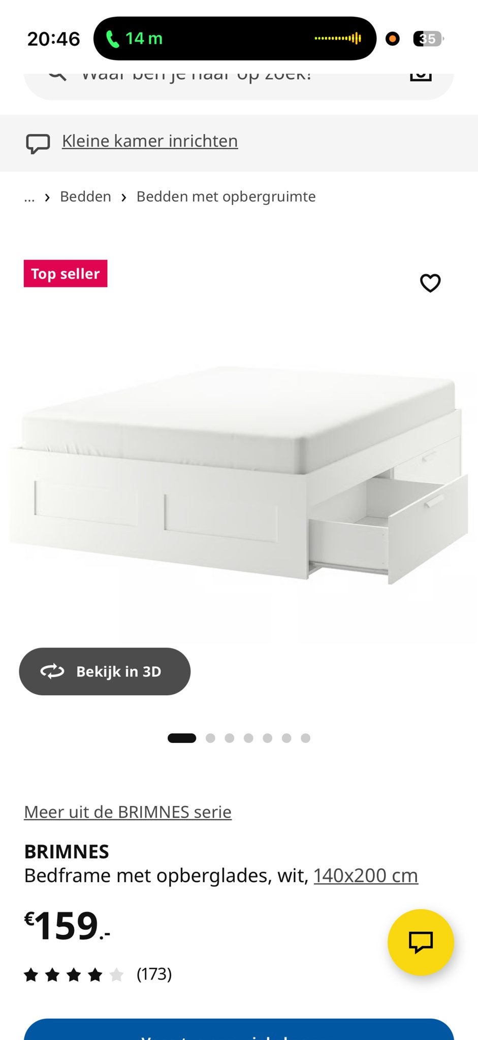 IKEA BRIMNES Bedframe met opberglades, wit, 140x200 cm, Ophalen, Gebruikt, Wit, Tweepersoons