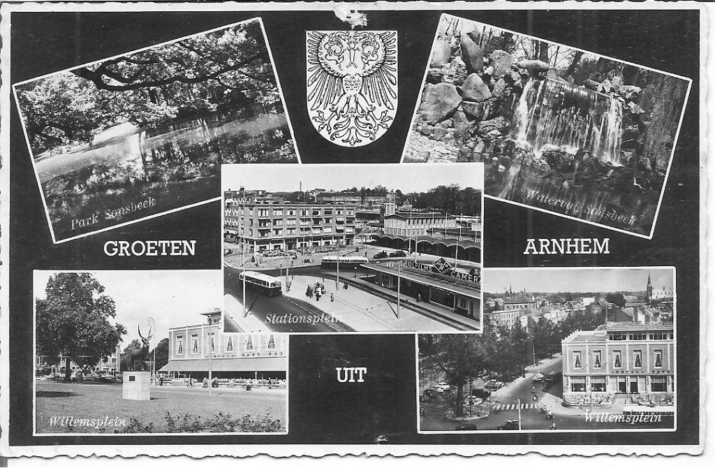 Oude Ansichtkaart Groeten uit Arnhem (1958), Ophalen of Verzenden, 1940 tot 1960, Gelopen, Gelderland