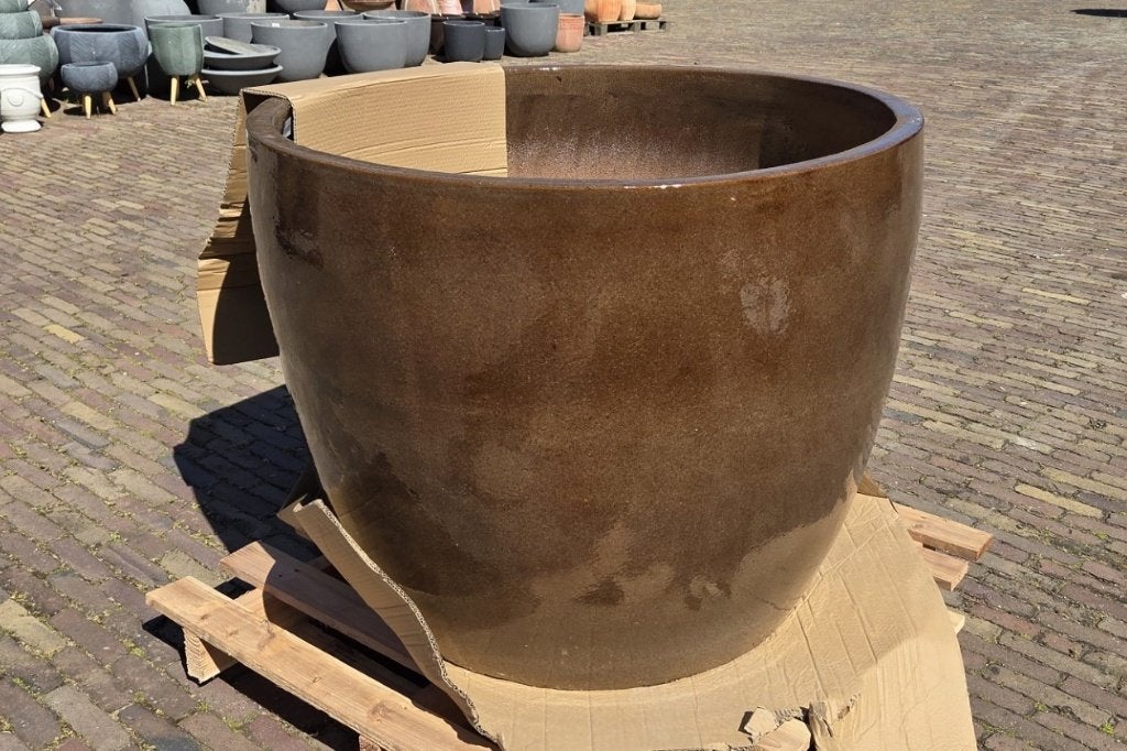 Prachtige GROTE aardewerk bloempotten geglazuurd rond bruin, Tuin en Terras, Ophalen, 40 cm of meer, Rond, Nieuw