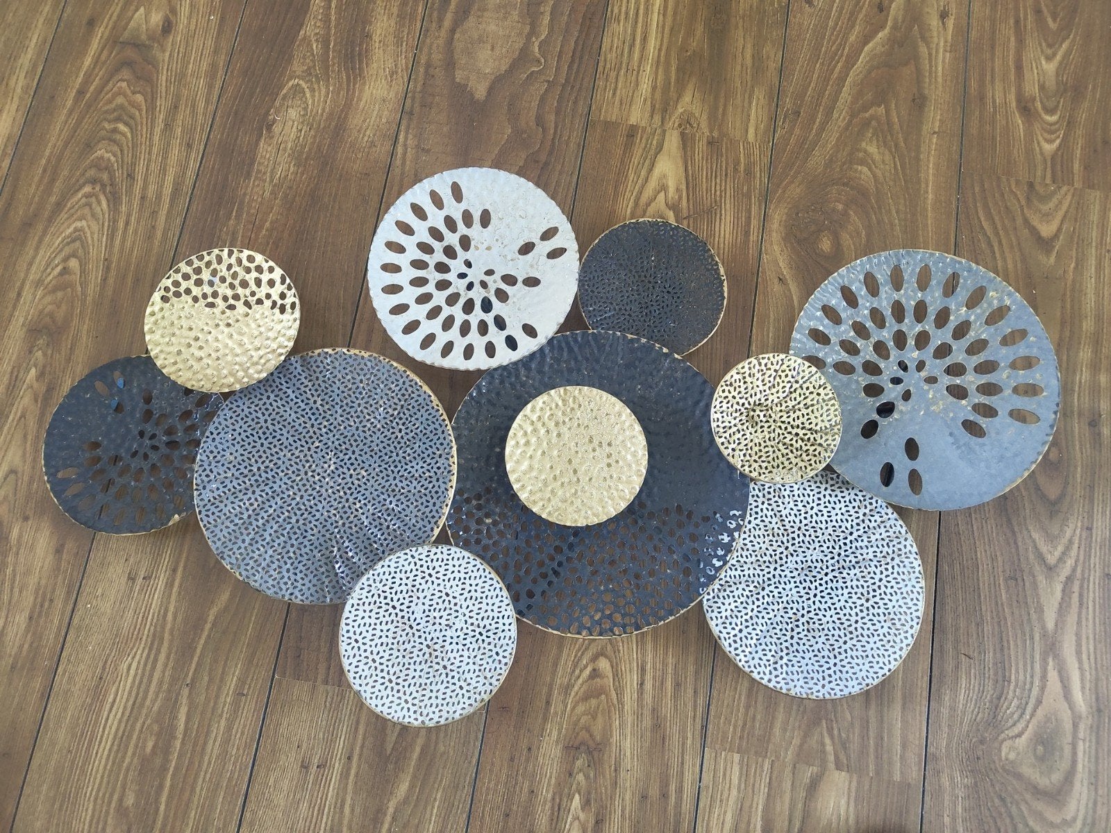 Metalen wanddecoratie - cirkels in goud, zilver, zwart, Ophalen, Metaal, Wandsculptuur, 91 cm