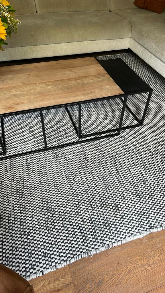 Set van 3 industriële salontafels - Teak & Zwart metaal, Huis en Inrichting, Tafels | Salontafels, Ophalen, 50 tot 100 cm, 100 tot 150 cm
