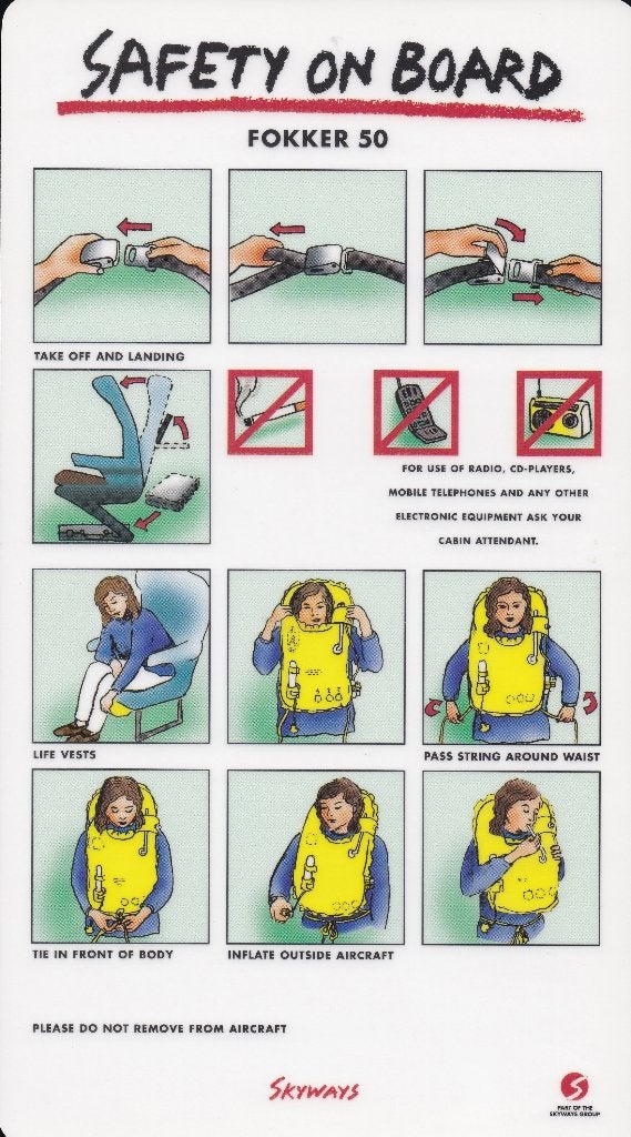 Safetycard Skyways Fokker 50, Ophalen of Verzenden, Zo goed als nieuw, Kaart, Foto of Prent