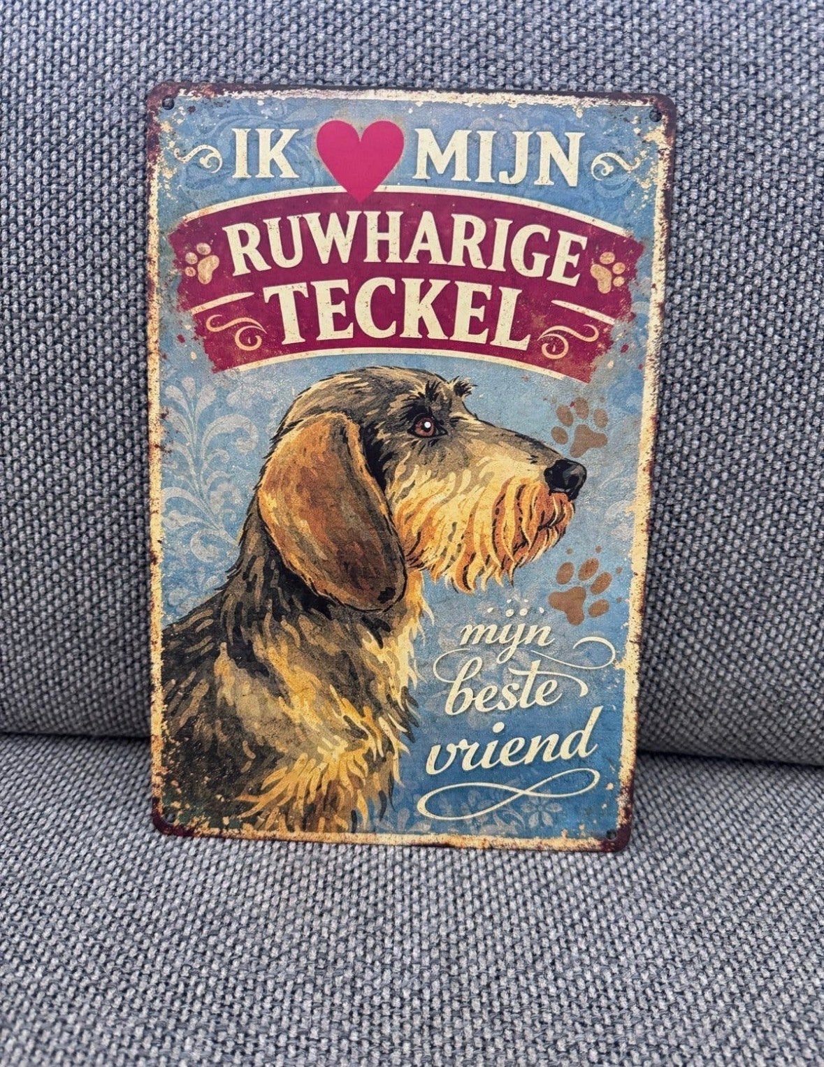 Metalen bordje "Ik ️ mijn ruwharige teckel" - Vintage, Vintage, Meerkleurig, Nieuw, Ophalen of Verzenden