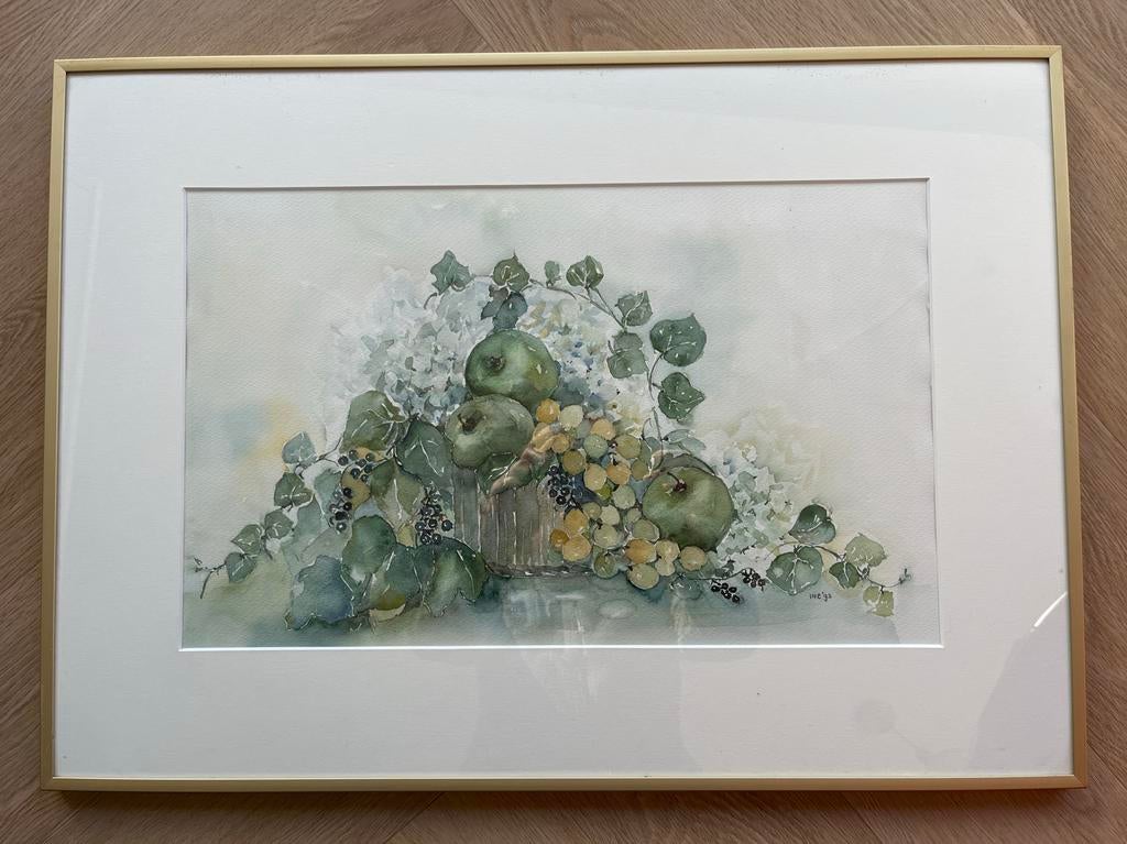 Aquarel 'Stilleven met fruit' van Ine in messing lijst, Ophalen
