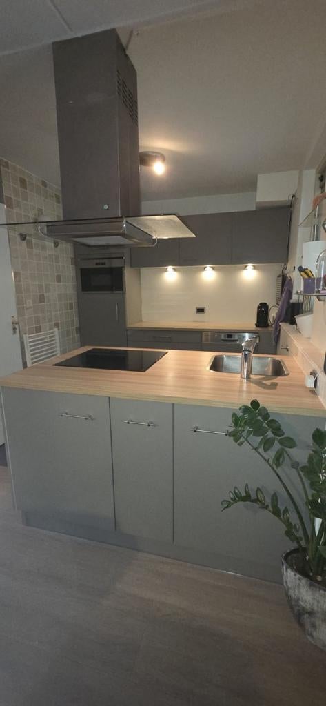 TE KOOP Moderne grijze keuken met inbouwapparatuur, Ophalen, Gebruikt, Enkelwandige keuken, Hout