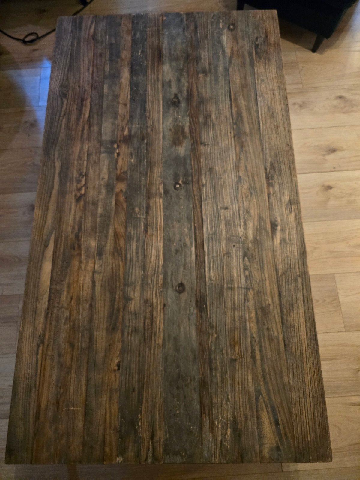 Grote massief houten salontafel met zwart stalen onderstel, Overige houtsoorten, Zo goed als nieuw, 150 tot 200 cm, Industrieel