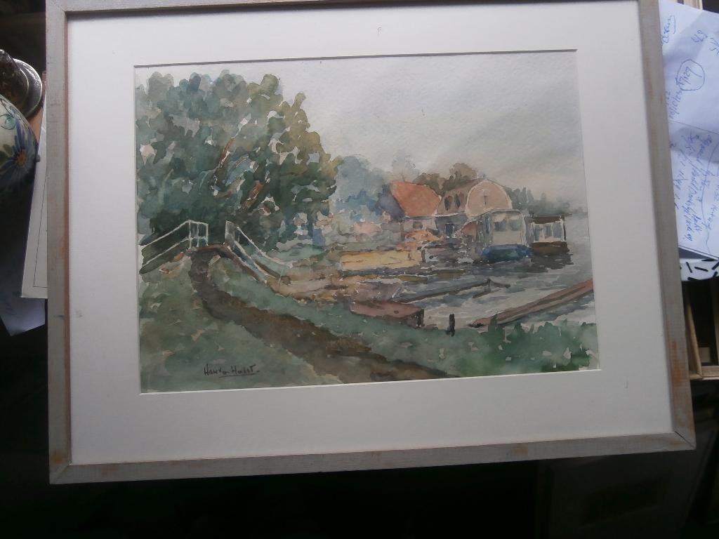 Schalkwijk, Mooie aquarel in lijst van Han van der HOLST, Antiek en Kunst, Kunst | Schilderijen | Klassiek, Ophalen of Verzenden