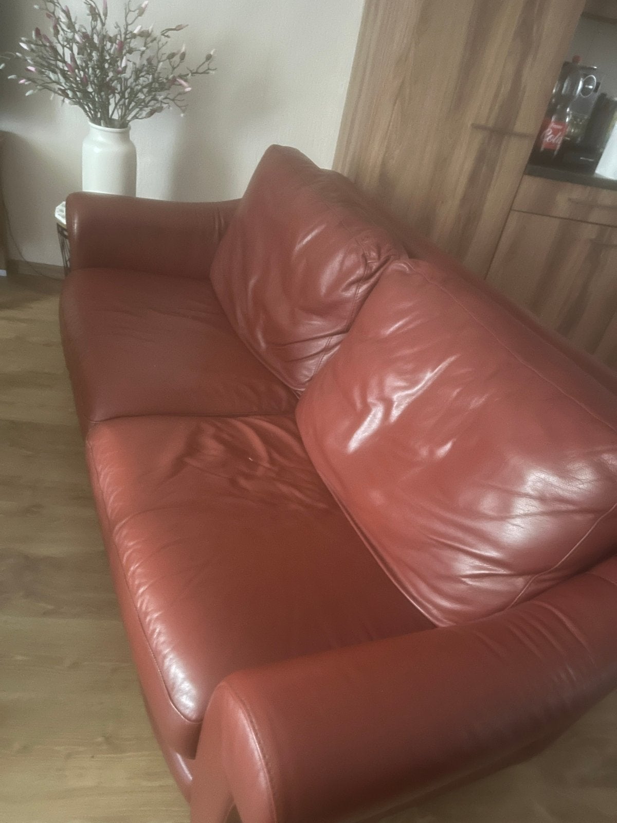 Leren bank - 3-zits - Rood, Huis en Inrichting, Ophalen, Gebruikt, Driepersoons, Rechte bank
