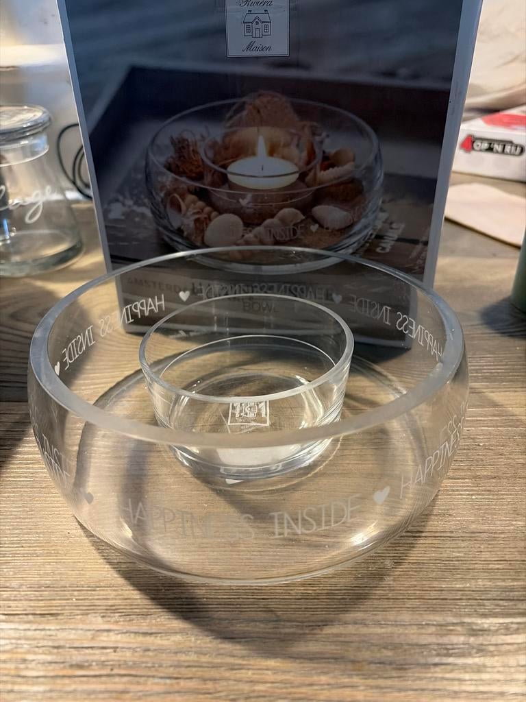 Riviera Maison Happiness Inside Bowl - Glazen Schaal, Ophalen of Verzenden, Zo goed als nieuw