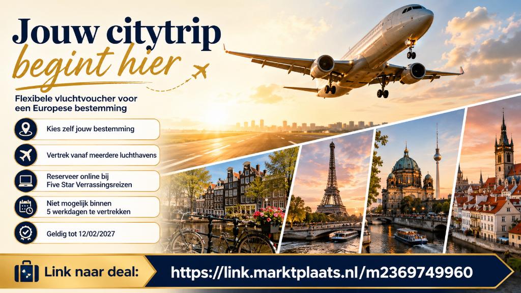 Retourvlucht Europa, 2 personen (Voucher tot 12/02/2027), Tickets en Kaartjes, Twee personen, Vliegtuig, Buitenland, Met bestemming of datum