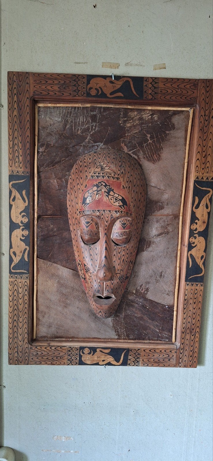 Decoratief Masker in Houten Lijst - Afrikaanse Stijl, Afrika, Masker, Handgemaakt, Meerkleurig