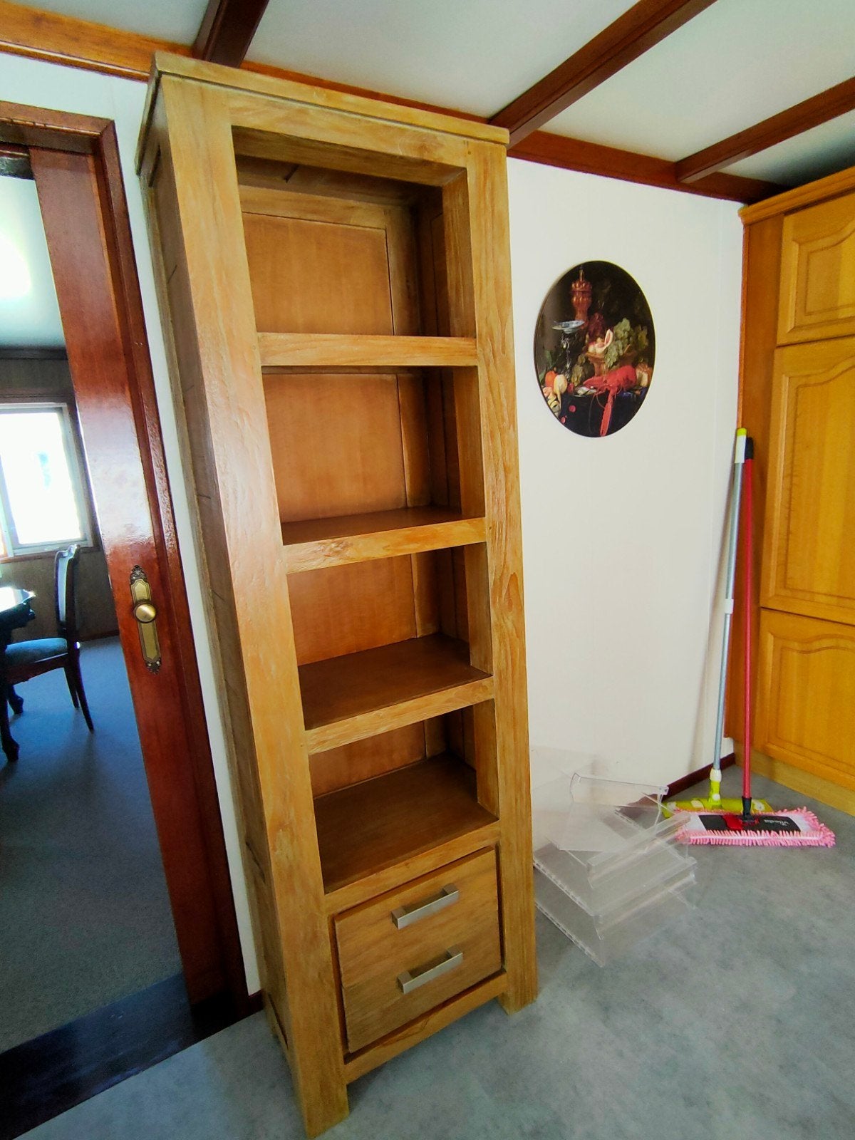 Houten boekenkast met lade en planken, Ophalen, Met plank(en), Minder dan 50 cm, Gebruikt