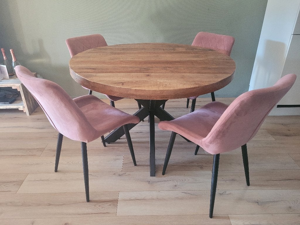 Eettafel rond (mangohout), Huis en Inrichting, Tafels | Eettafels, Ophalen, Rond, Zo goed als nieuw, Vier personen