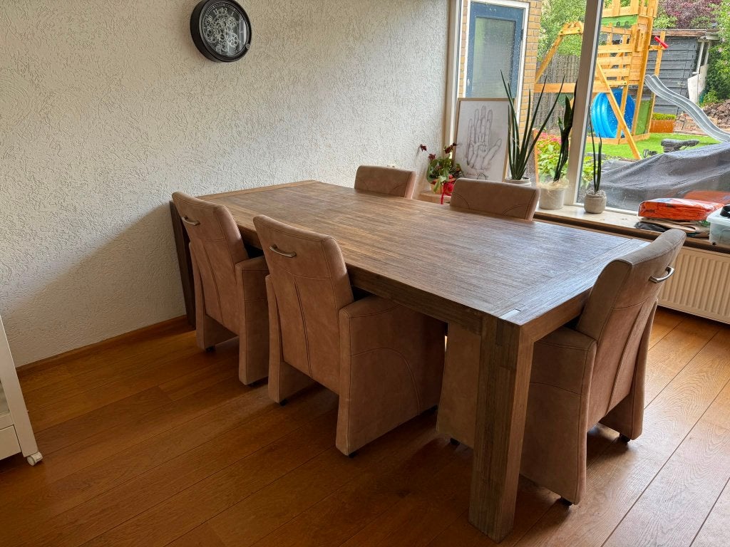 Eetkamerset, Tafel 225x100, met 6 stoelen op wieltjes, Ophalen, Gebruikt, Landelijke, 4 tot 6 stoelen