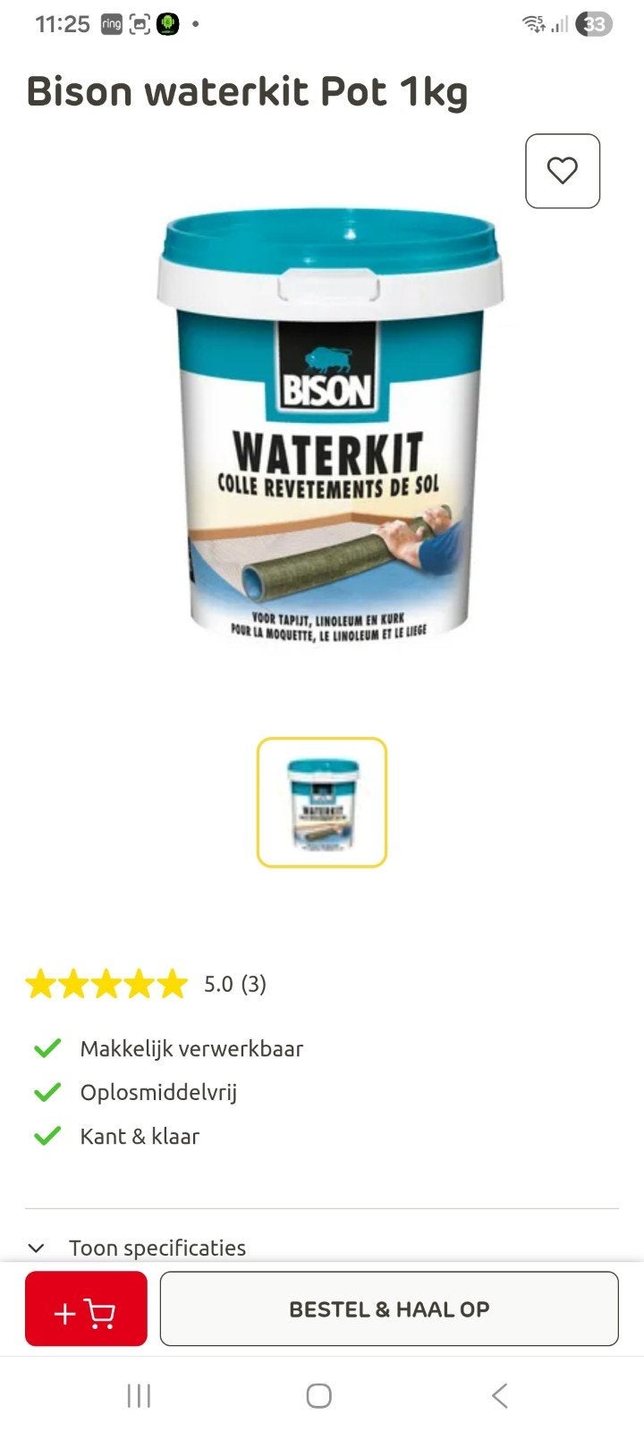 Bison Waterkit Vloerlijm 1kg - Voor vloeren, Overige materialen, 30 cm of meer, 50 tot 150 cm, Overige typen