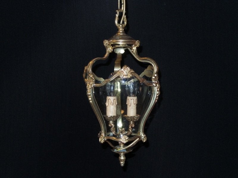 Oude lantaarn met bronzen frame en gebogen glas, Ophalen, Gebruikt, Glas, E14 (klein)