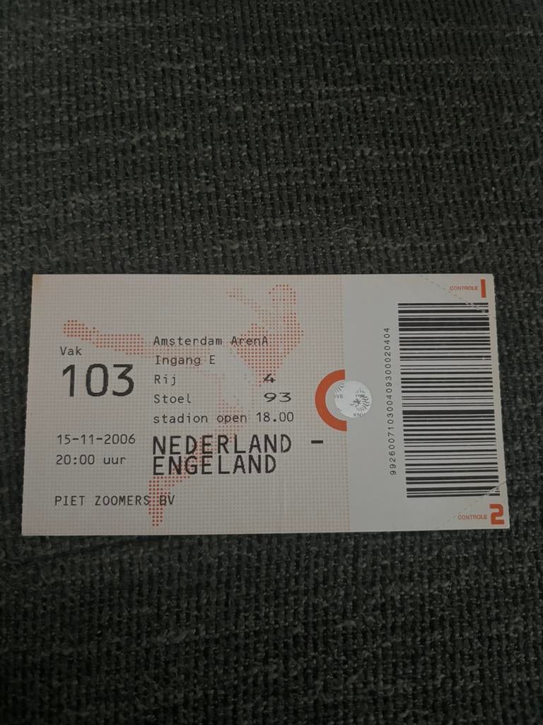 Nederland - Engeland voetbal ticket 15-11-2006, Ophalen of Verzenden, Gebruikt, Overige binnenlandse clubs, Overige typen