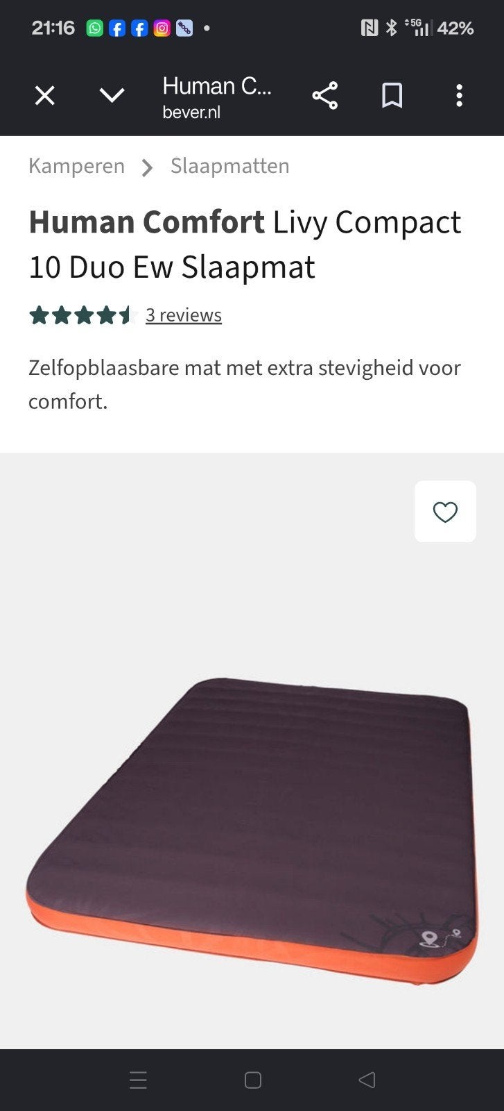 Human Comfort Livy 10 Duo EW Zelfopblaasbare Slaapmat, Ophalen, Zo goed als nieuw