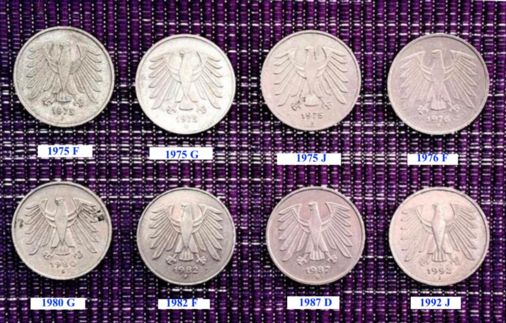 8x Duitse 5 Mark  '75 76 80 82 87 92 Munten, Postzegels en Munten, Munten | Europa | Niet-Euromunten, Ophalen, Duitsland, Losse munt
