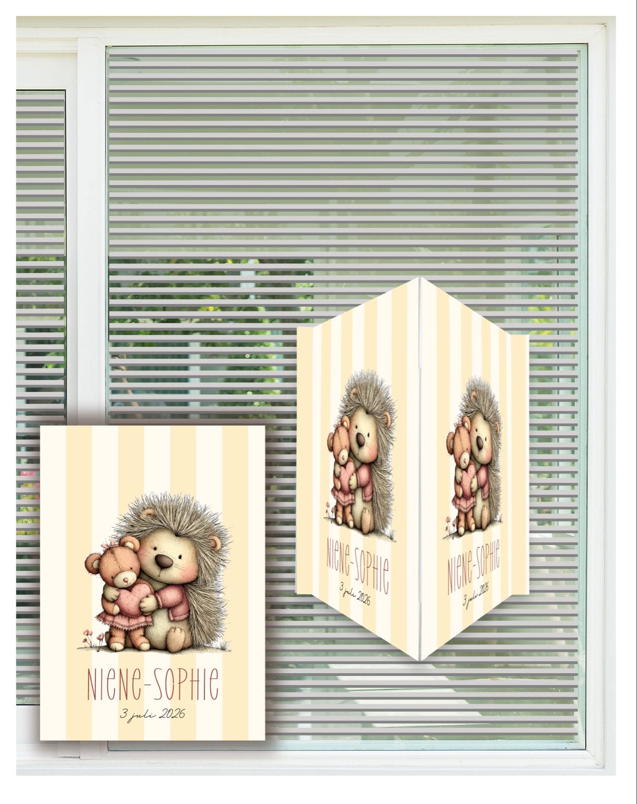 Geboortebord, raambord of raamsticker egel met knuffel, Ophalen of Verzenden, Nieuw, Geboortebord
