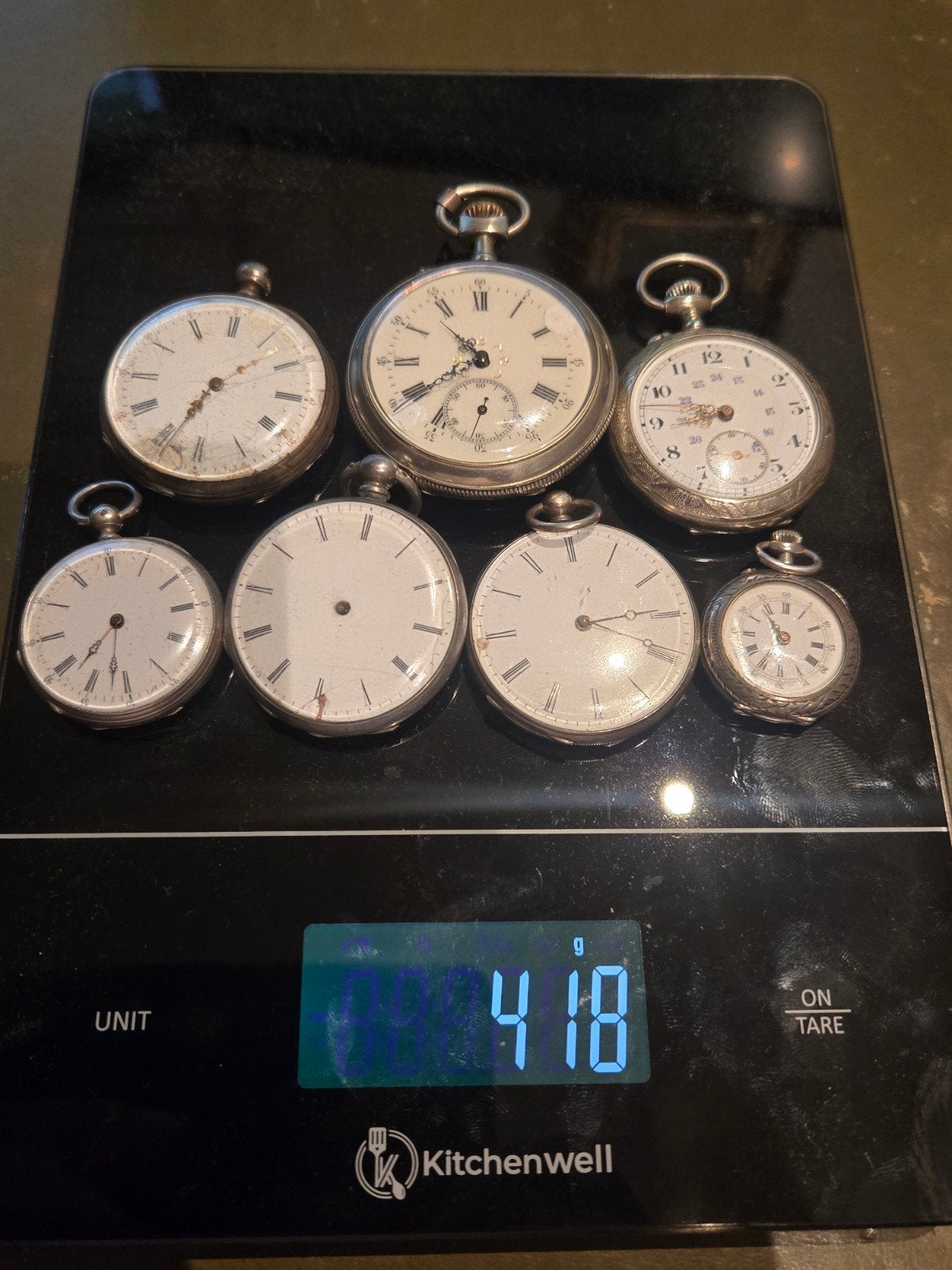 7 antieke zakhorloges, waarvan 5 zilver, 418g, Antiek en Kunst, Antiek | Klokken, Ophalen of Verzenden