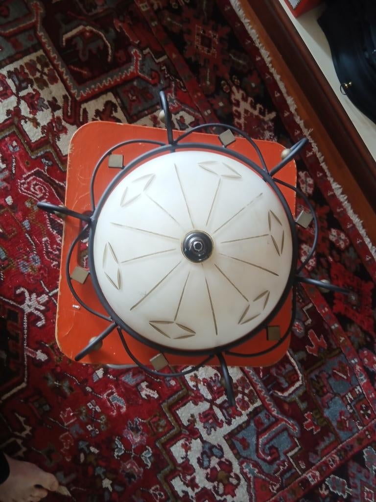 Vintage Plafondlamp met Smeedijzeren Frame, Ophalen of Verzenden