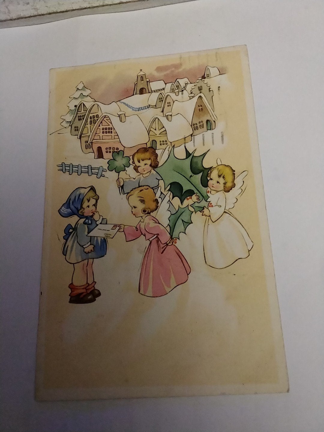 Vintage Kerstkaart met Engeltjes en Kinderen (1947), Ophalen of Verzenden
