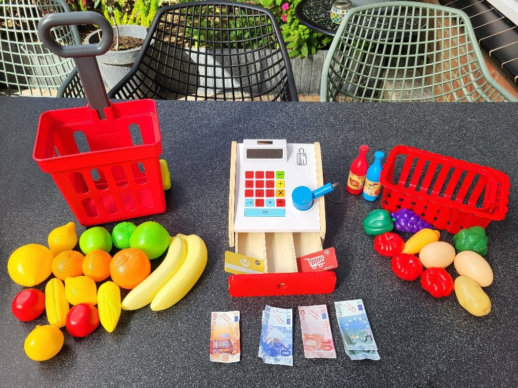 houten speelgoedkassa , loopwagentje en boodschappenmandje, Kinderen en Baby's, Ophalen, Gebruikt, Ontdekken