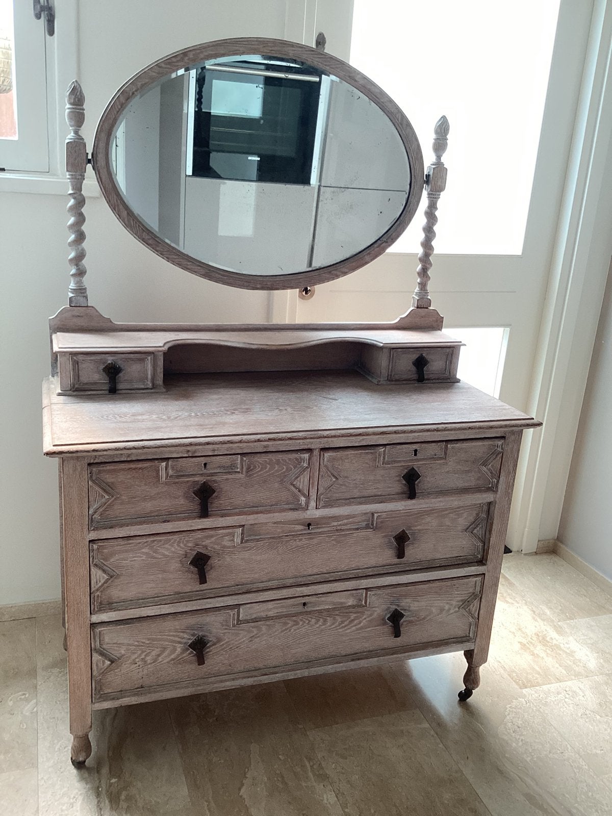 Antiek commode met spiegel in krijtverf, Ophalen, 100 tot 150 cm, Antiek jaren 40/50, Zo goed als nieuw
