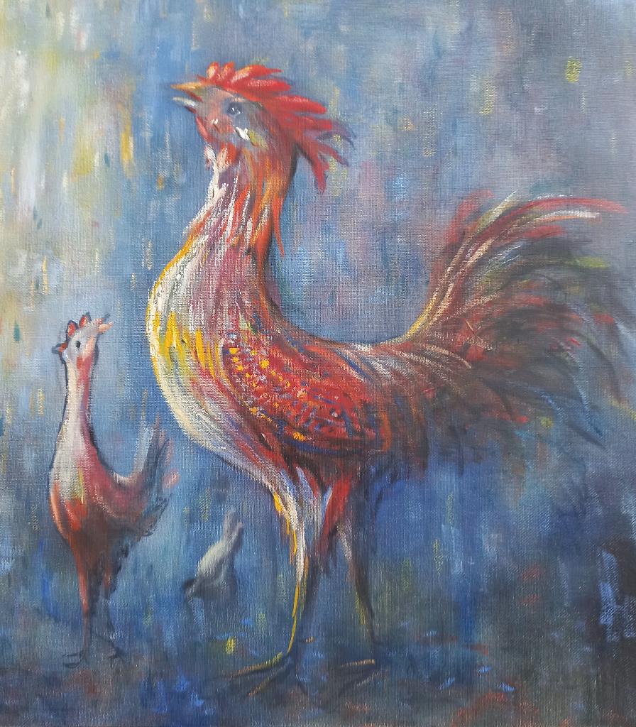 Schilderij Haan handmade canvas 40x50 @DOC61, Antiek en Kunst, Ophalen of Verzenden