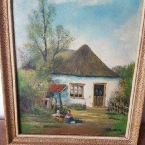 Olieverf boerderij 2 kinderen oude kinderwagen A. Franken., Antiek en Kunst, Kunst | Schilderijen | Klassiek, Ophalen