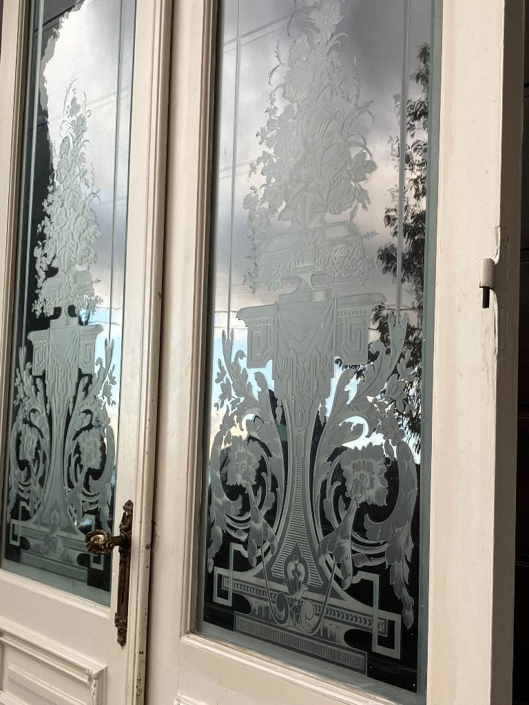 Uitzonderlijk hoge dubbele ensuite deur art-deco geëtst glas, Ophalen, Binnendeur, Zo goed als nieuw, Glas