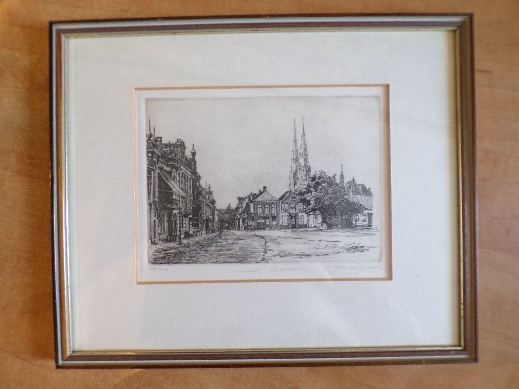ets Markt in Eindhoven omstreeks 1900, Jan van Rijsewijk, Antiek en Kunst, 26 cm, Met tekst, Stadsgezicht, Ophalen of Verzenden