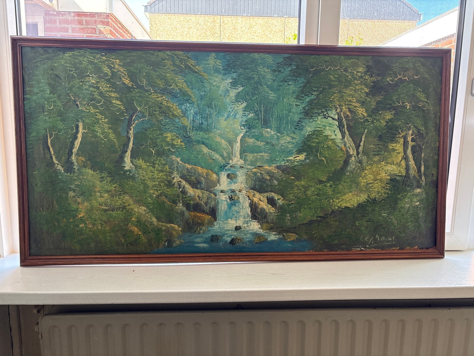 Schilderij met waterval en bosgezicht, gesigneerd indonesie, Antiek en Kunst, Ophalen, Doek, Gesigneerd, Landschap