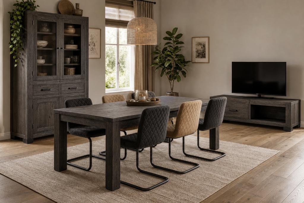 Henders & Hazel: vitrinekast, tv-meubel, eettafel+6 stoelen, Huis en Inrichting, Ophalen, Zo goed als nieuw, Landelijk-modern, warm grijsbruin hout